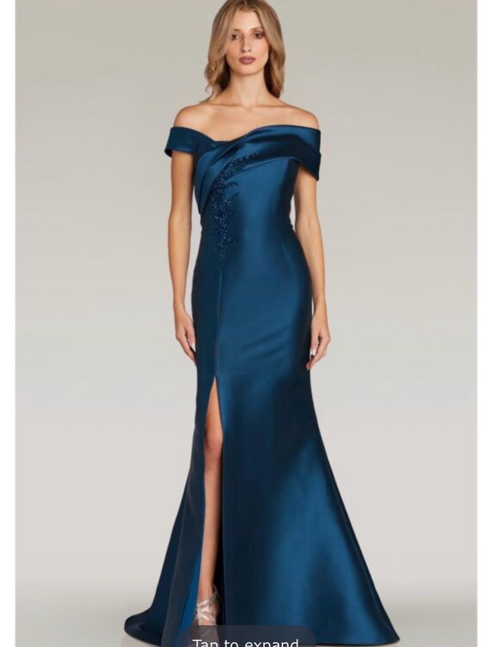 Off-Shoulder Teal Satin Evening Gown with Side Slit